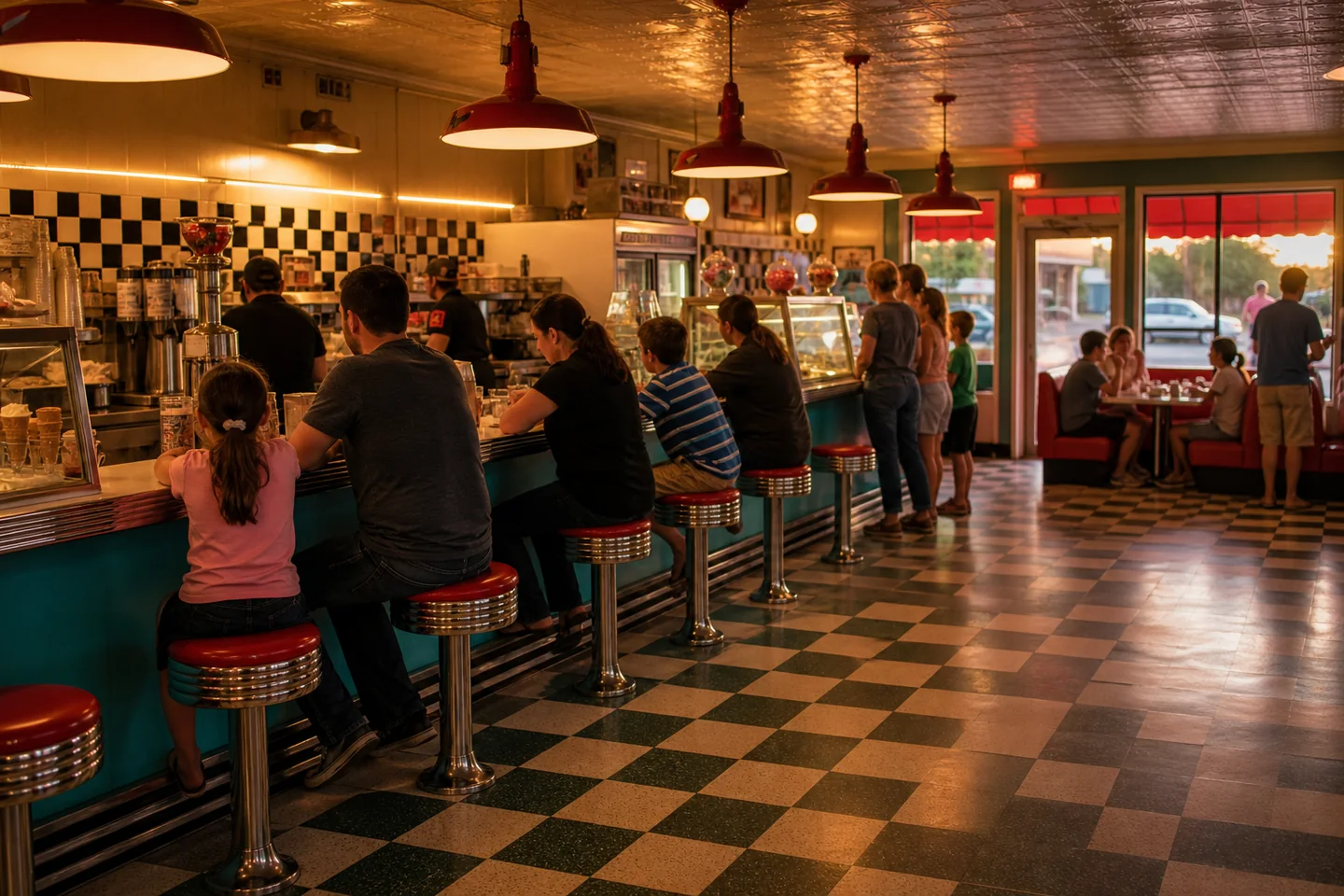 Concept image of a lively family-friendly retro soda-fountain interior