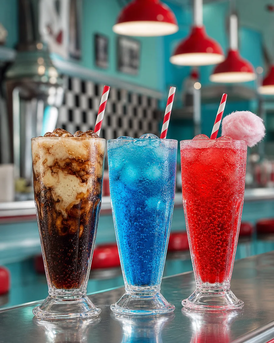 Concept image of three colorful specialty sodas at a retro diner counter
