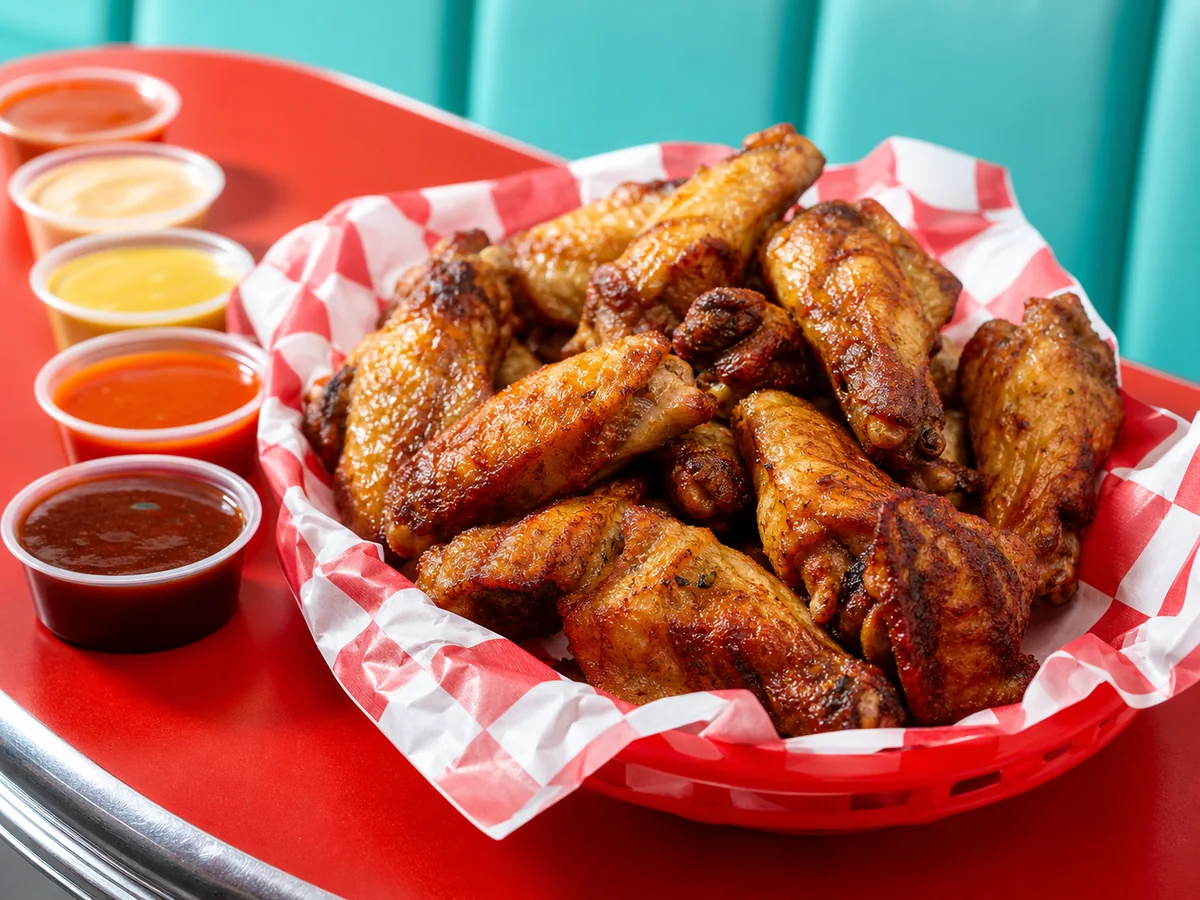 Concept image of roasted wings with a selection of colorful sauces